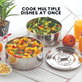 LNM Steamer Pans pot-in-pot set enables cooking separated items simultaneously
