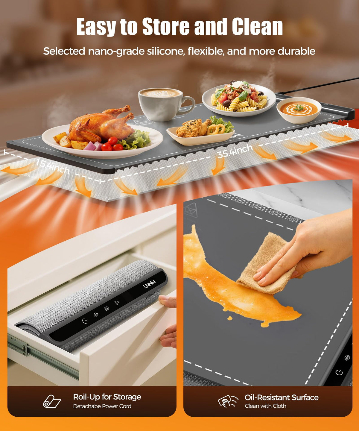 LNNIW warming mat supporting glassware and plates during service