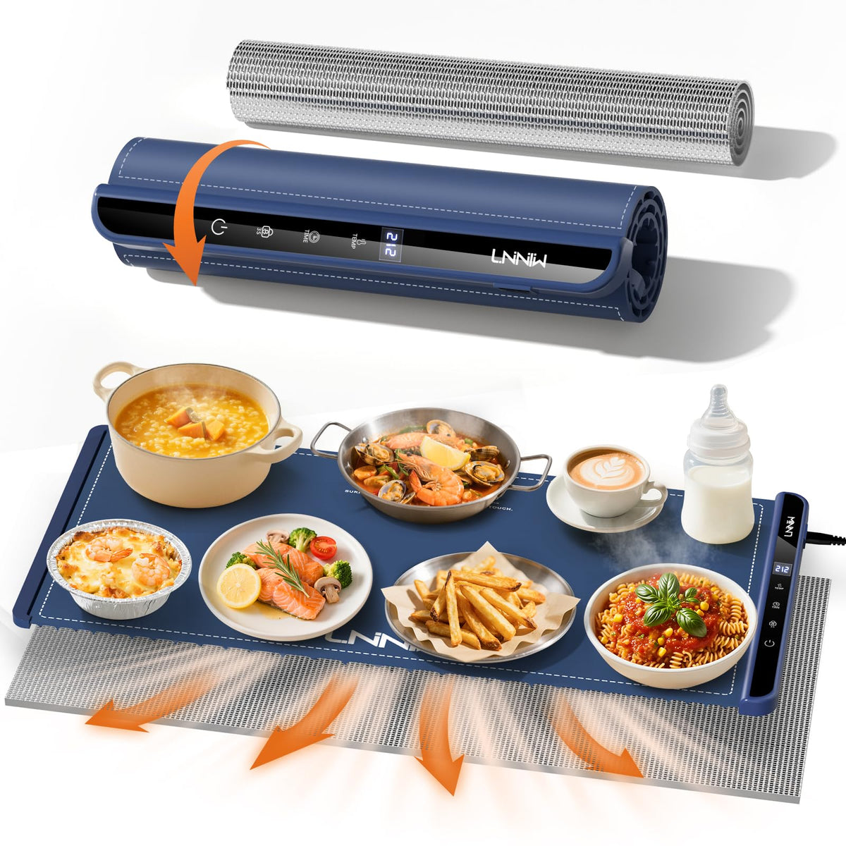 LNNIW extra-large warming mat on dining table with multiple plates for family meals
