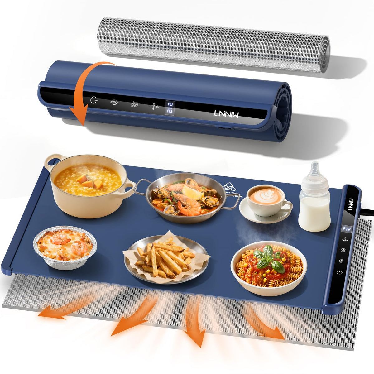 LNNIW warming mat with heat-resistant pad protecting tables while keeping dishes warm