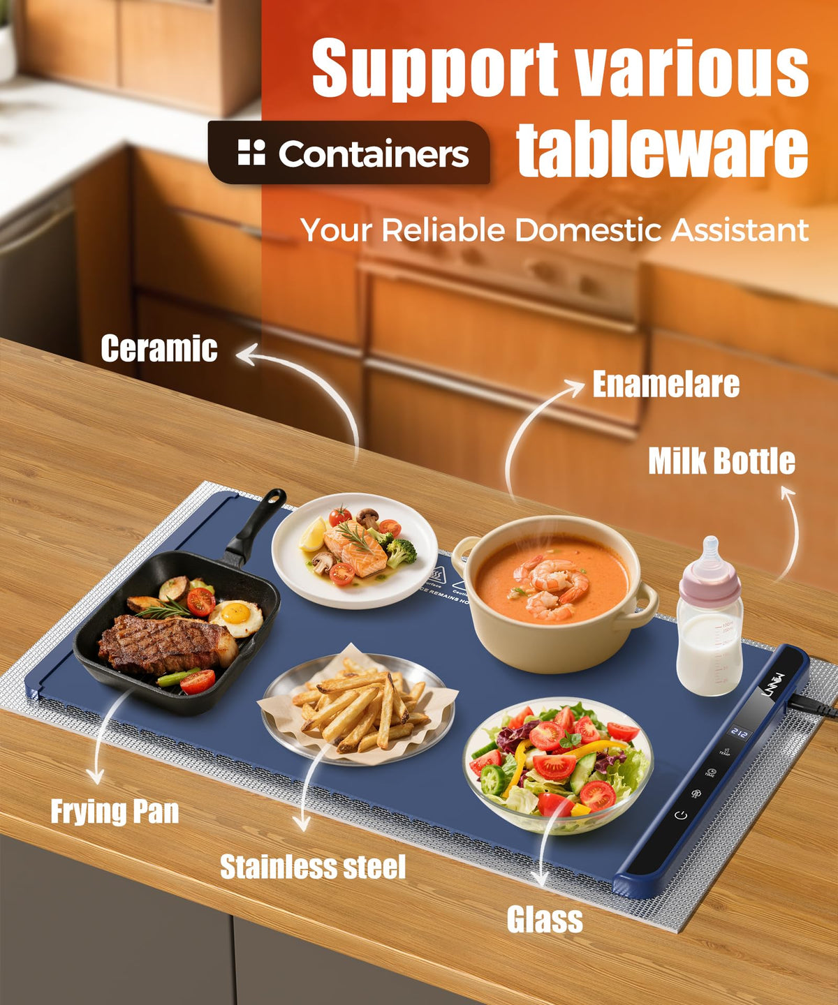 LNNIW warming mat tableware compatibility with glass, ceramic, and stainless steel