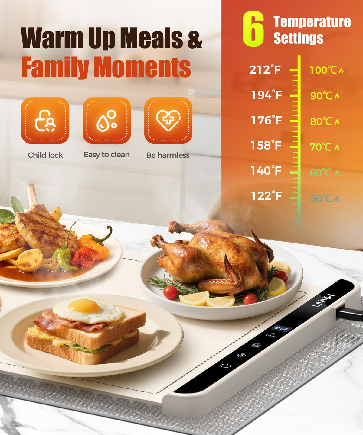 LNNIW warming mat demonstrating precise temperature control for serving