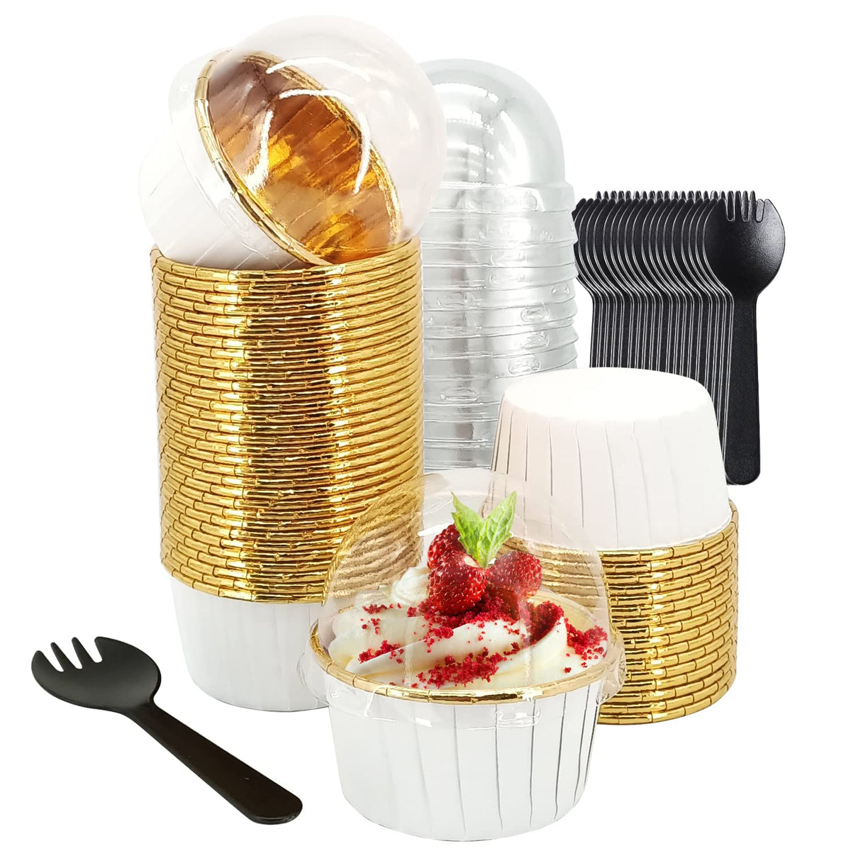 LNYZQUS 50-pack cupcake cups with lids showing the white-gold finish for elegant desserts
