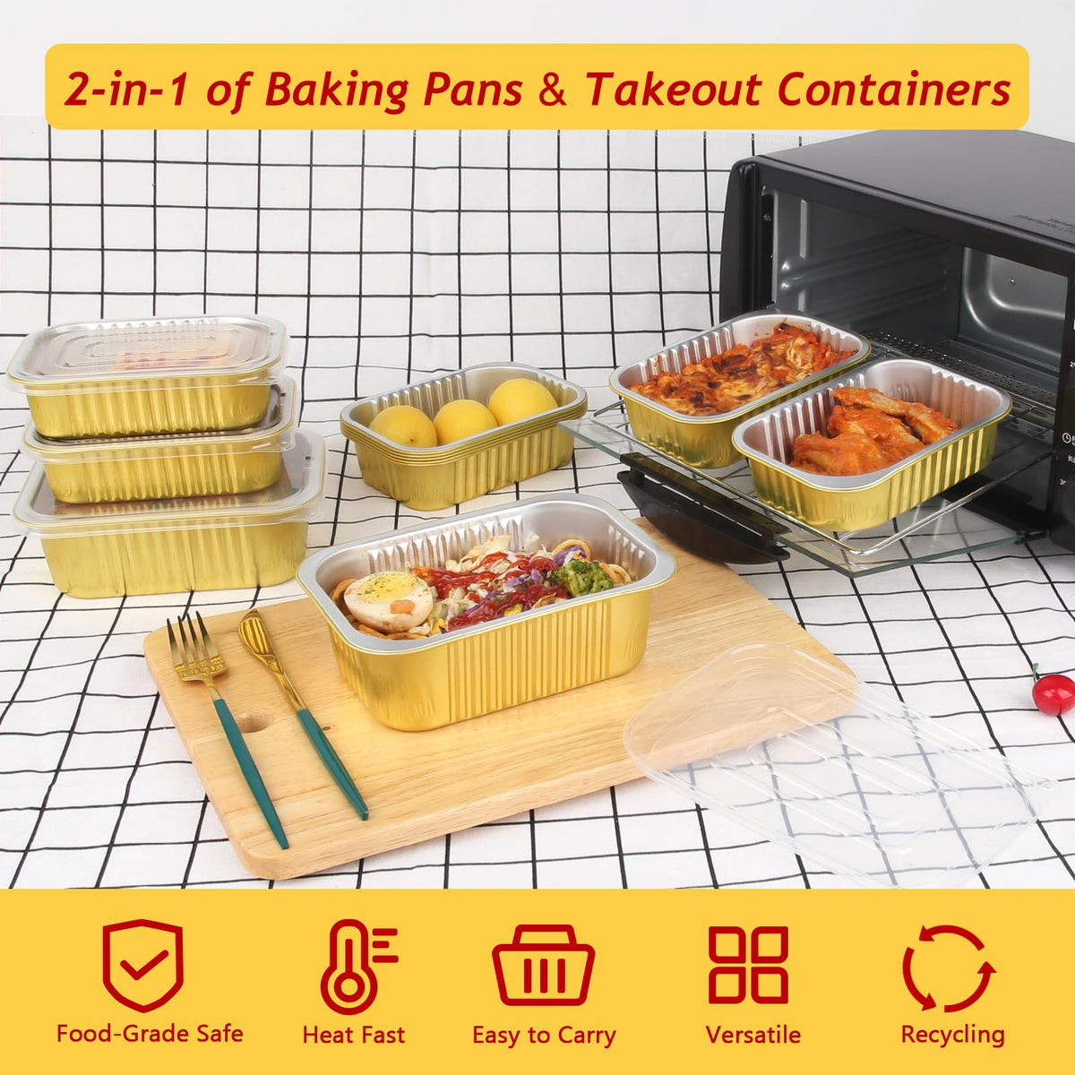 LNYZQUS heavy-duty gold aluminum pans for sturdy reuse and secure servings.
