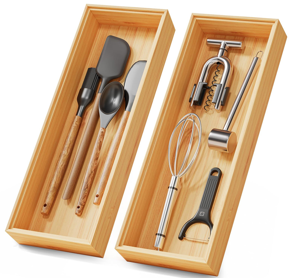 Lochantie bamboo drawer organizer box keeps utensils neatly separated and easy to reach.