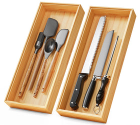 Lochantie bamboo drawer organizer set with two stackable trays for tidy 15 by 6 inch storage.