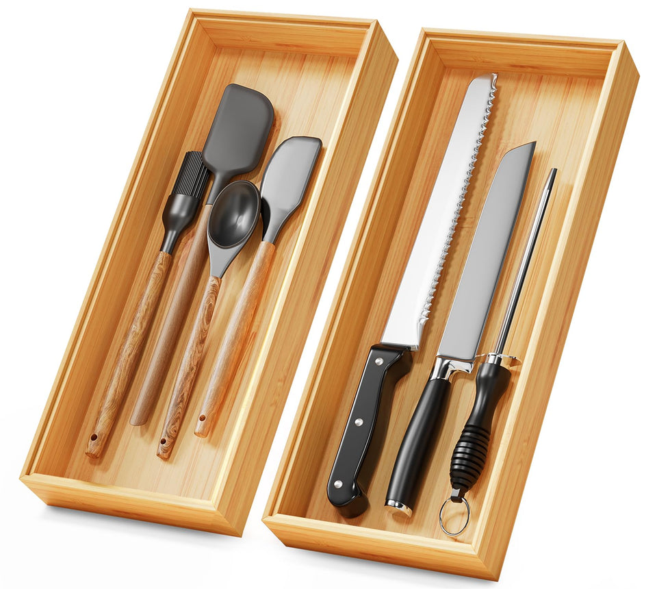 Lochantie bamboo drawer organizer set with two stackable trays for tidy 15 by 6 inch storage.