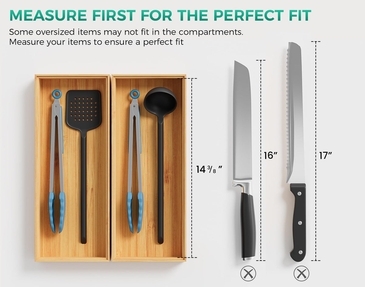 Lochantie bamboo flatware storage tray two-pack keeps utensils accessible.