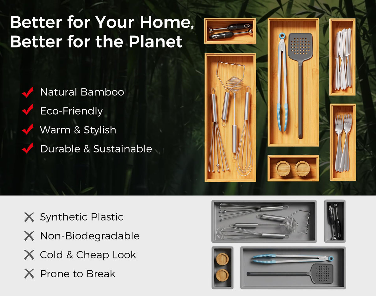 Lochantie bamboo kitchen and bathroom organizer set fits standard drawers for versatile use.