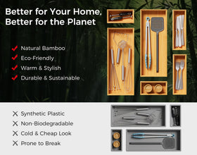 Lochantie bamboo kitchen and bathroom organizer set fits standard drawers for versatile use.