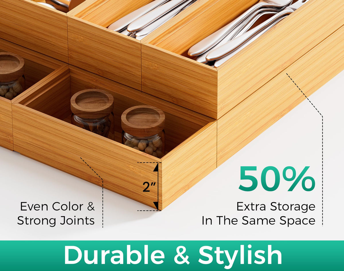 Lochantie bamboo silverware tray stackable keeps cutlery organized and visible at a glance.