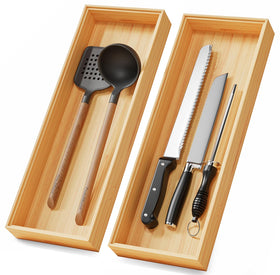 Lochantie long bamboo drawer organizer 2-pack front view shows durable, crack resistant construction.