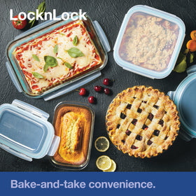 Pie dish shown in oven-ready position for baking