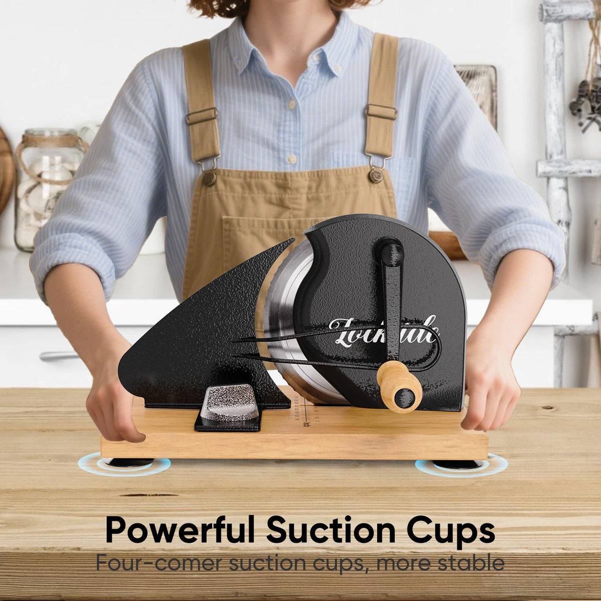 LockTide base with four suction cups keeps the slicer stable on the counter.