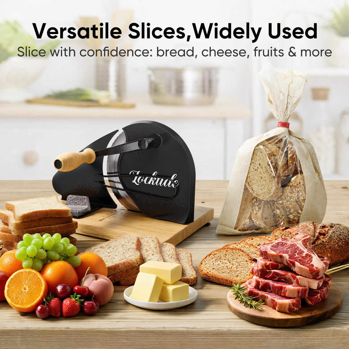 LockTide multi-use slicer handles cakes, cheese, and deli meats.
