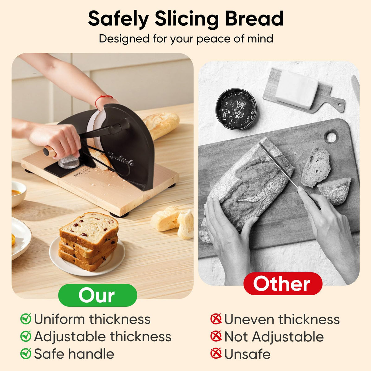 LockTide serrated stainless steel blade provides clean cuts without crushing crusts.
