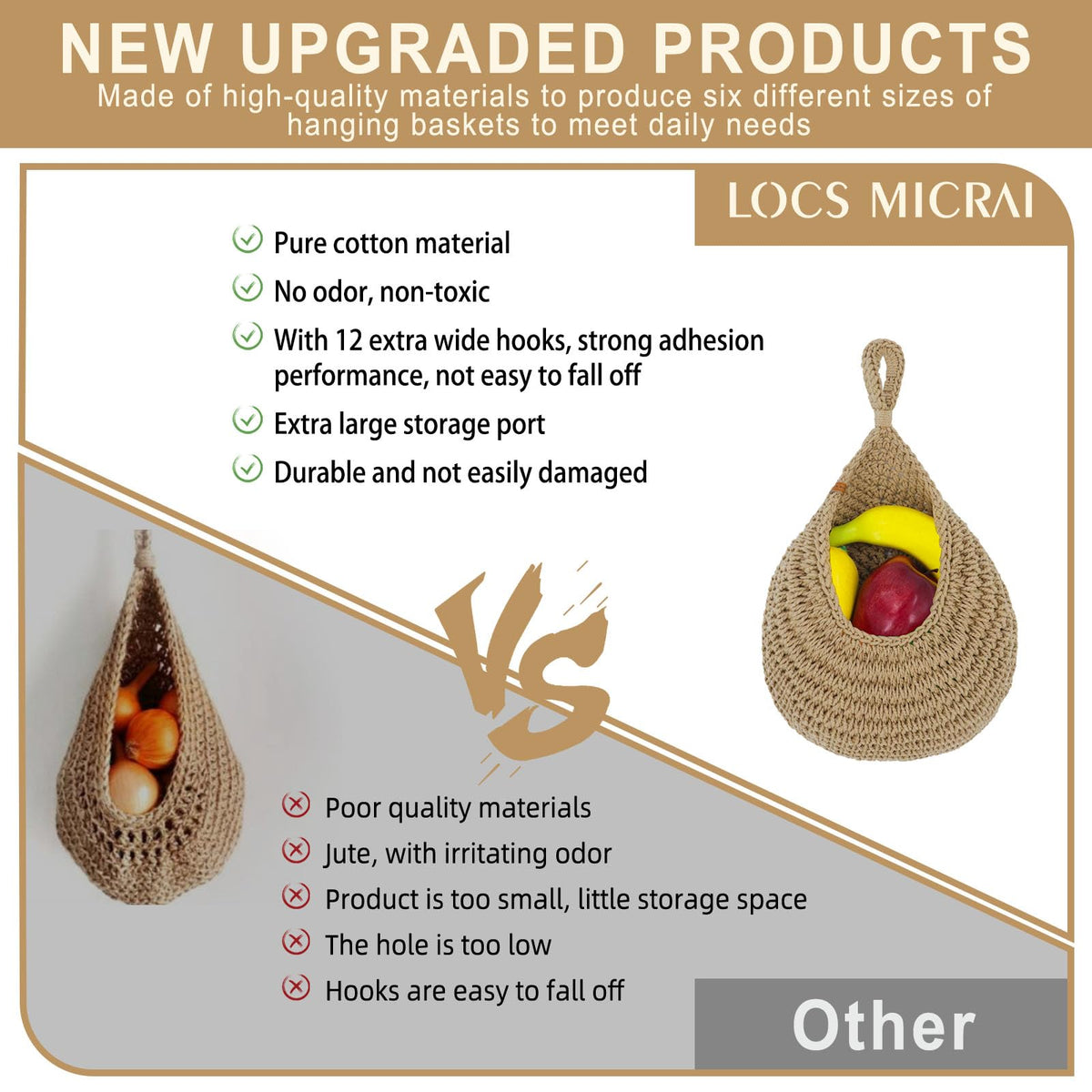 LOCS MICRAI boho wall hanging basket enhances décor while storing potatoes and onions