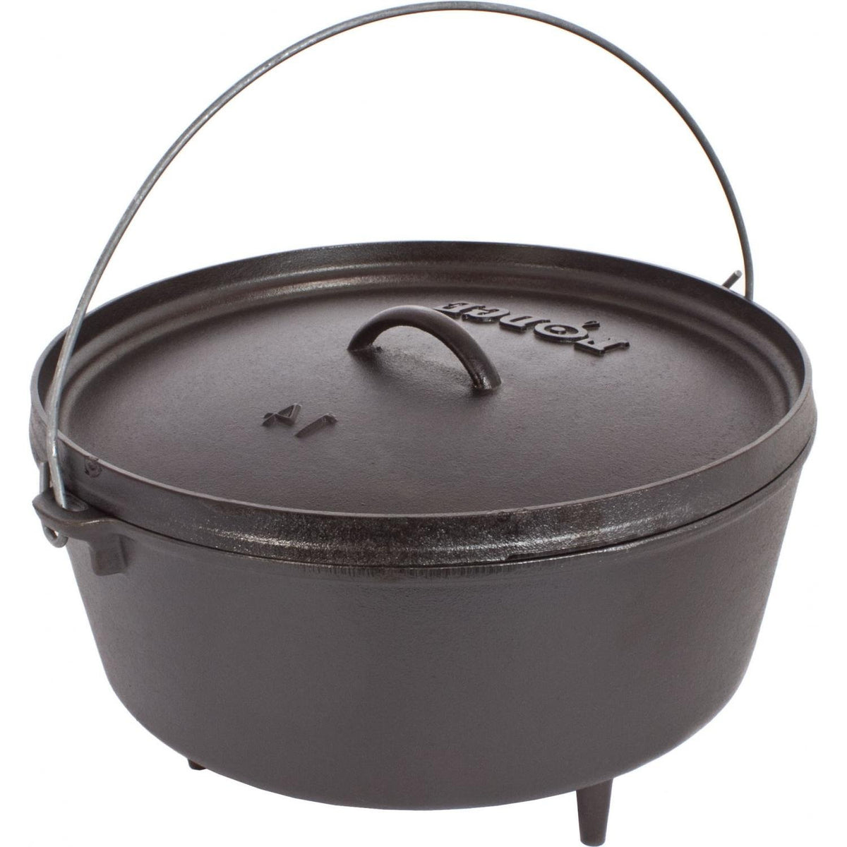 Lodge 10-quart cast iron camp Dutch oven front view for versatile outdoor cooking.