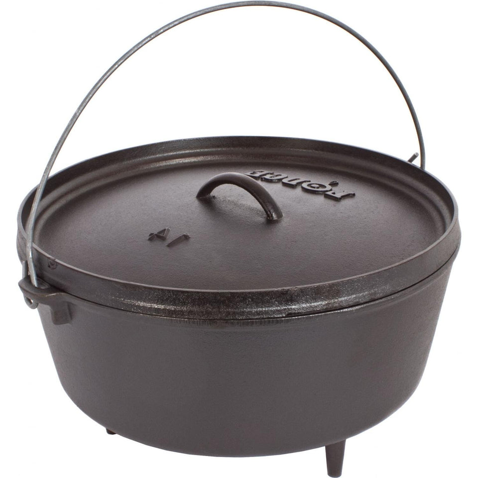 Lodge 10-quart cast iron camp Dutch oven front view for versatile outdoor cooking.
