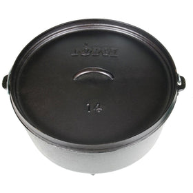 Lodge cast iron with dual-loop handles for easy lifting and handling.