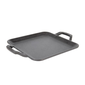 Lodge 11-inch cast iron square griddle, top view, delivers even heating for searing