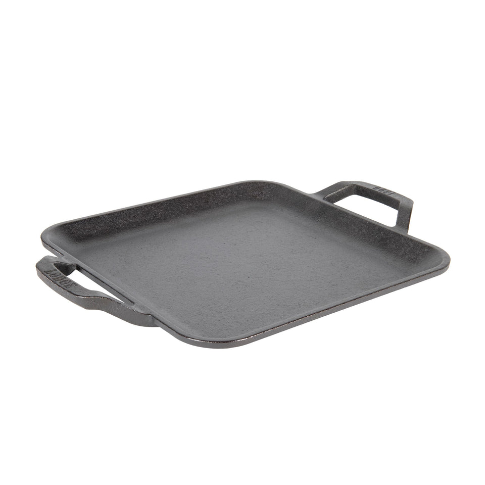 Lodge 11-inch cast iron square griddle, top view, delivers even heating for searing