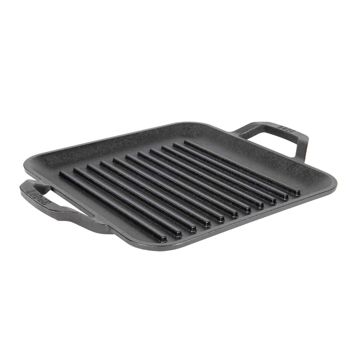 Lodge 11-inch square grill pan front view with sturdy handles for safe lifting.