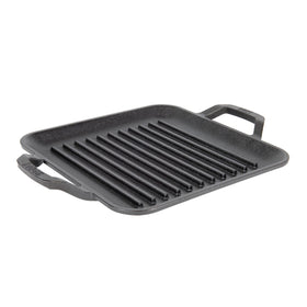 Lodge 11-inch square grill pan front view with sturdy handles for safe lifting.