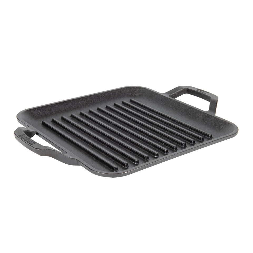 Lodge 11-inch square grill pan front view with sturdy handles for safe lifting.