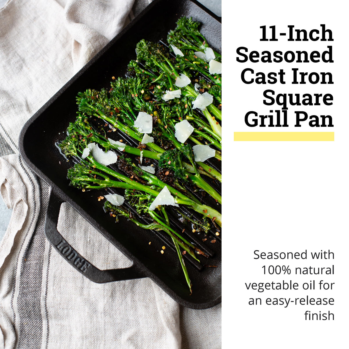 Lodge 11-inch square grill pan handle detail showing riveted grip.
