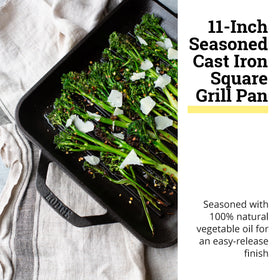 Lodge 11-inch square grill pan handle detail showing riveted grip.