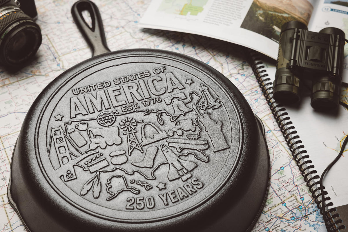 Lodge 250th-anniversary logo skillet, perfect for gifting and collection.