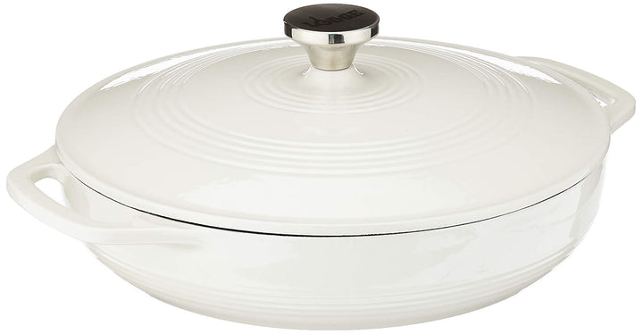 Lodge 3.6-quart enameled round casserole with lid, showcasing even heat