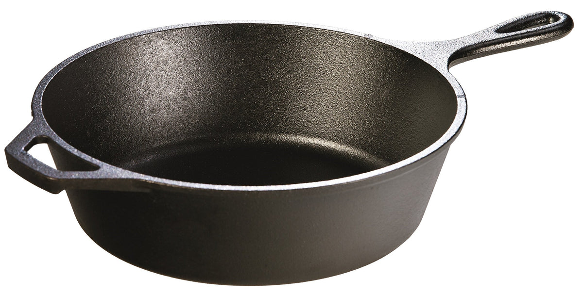 Lodge 3 Quart Deep Skillet teardrop handle for even heat and easy release.