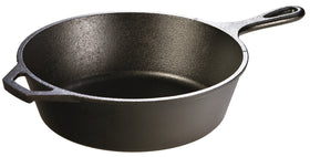 Lodge 3 Quart Deep Skillet teardrop handle for even heat and easy release.