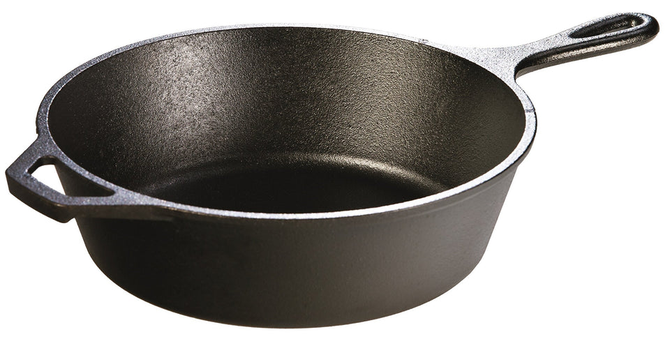 Lodge 3 Quart Deep Skillet teardrop handle for even heat and easy release.
