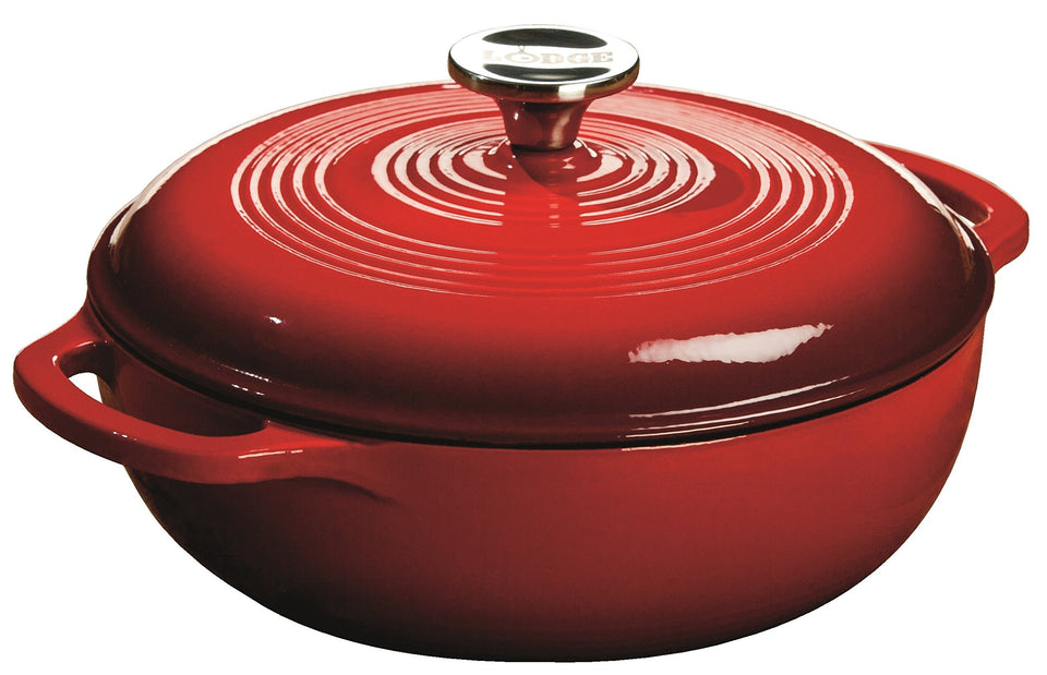 Lodge 3-qt enameled cast iron Dutch oven with lid in Island Spice Red for braising