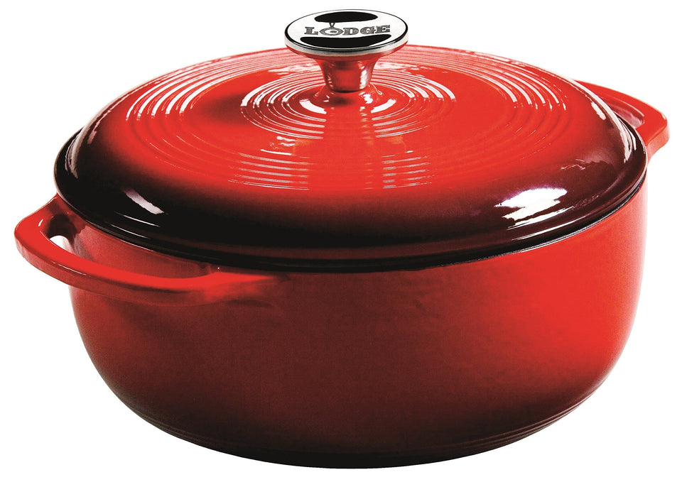 Lodge 4.5-quart dutch oven with lid in Island Spice Red, perfect for braising and serving.