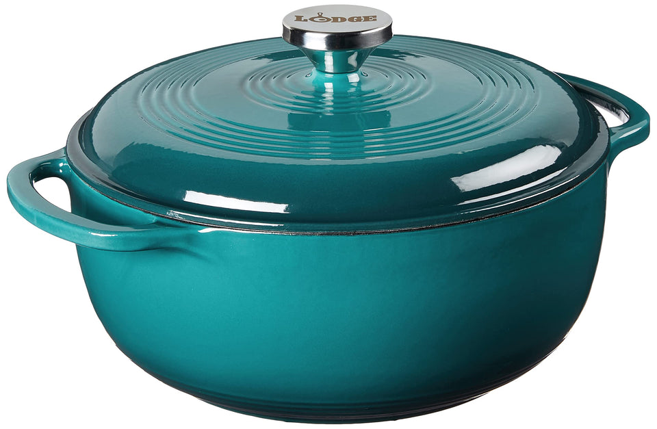 Lodge Lagoon 4.5-quart enamel Dutch oven lid seals in moisture for rich dishes.