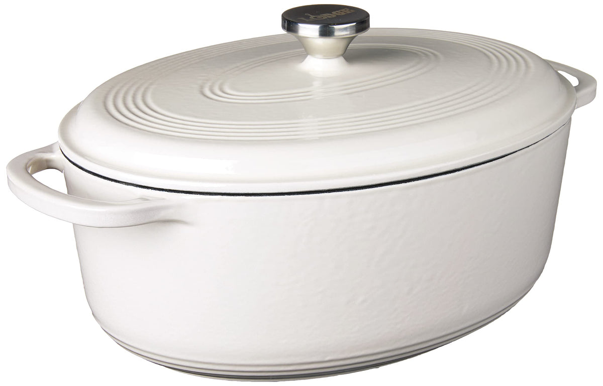 Lodge 7-quart enameled cast iron oval Dutch oven delivers even heat for braises.