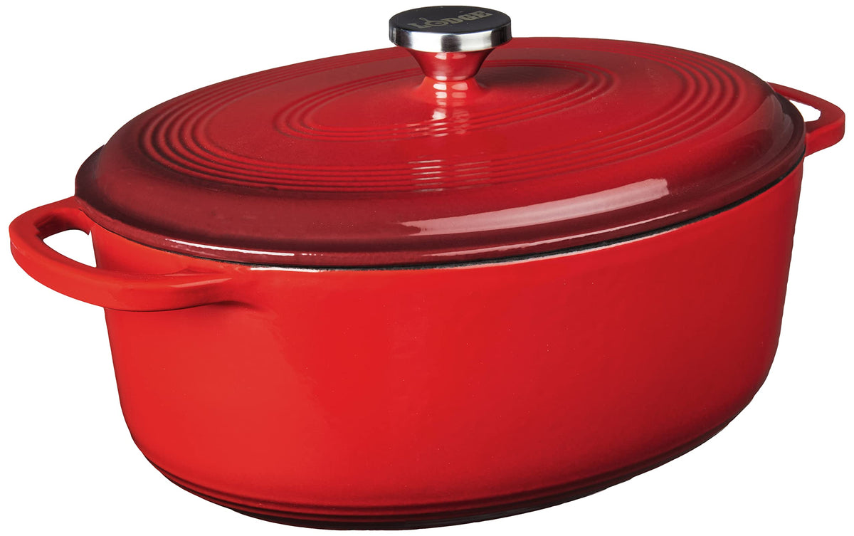 Lodge 7 Qt red enameled oval Dutch oven with lid for versatile cooking