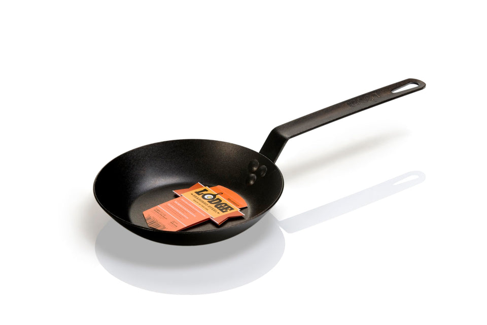 Lodge 8-inch carbon steel skillet ready for stove searing