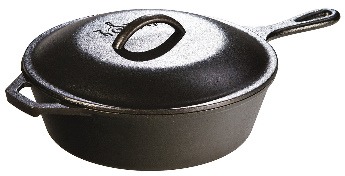 Lodge 8-inch cast iron lid interior highlights basting tips for even cooking.