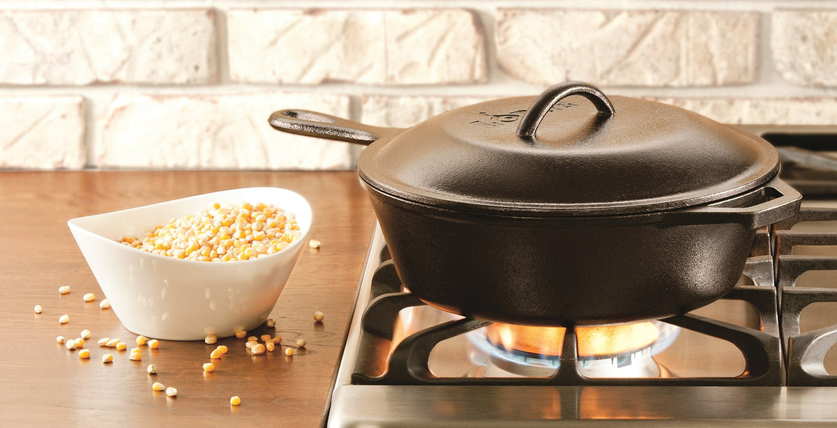 Lodge 8-inch cast iron lid on a skillet, pairing perfectly with 8-inch Lodge pans.