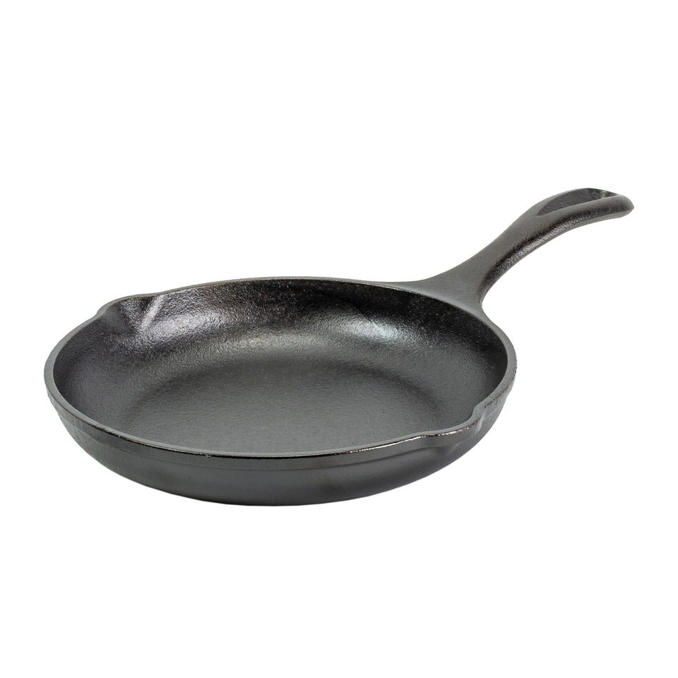 Lodge 8-inch cast iron skillet, Chef Collection, ideal for even searing and quick heat recovery.