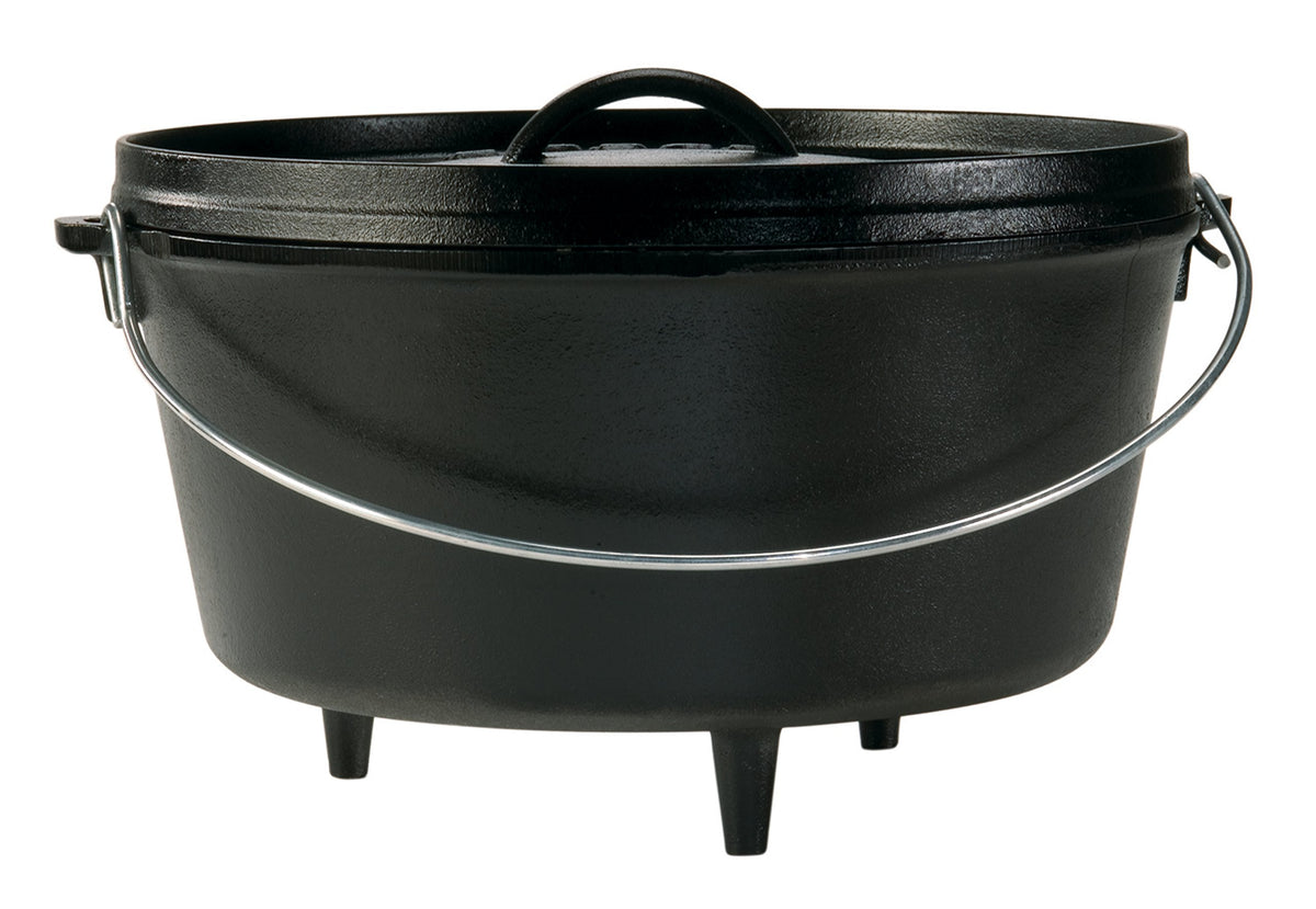 Lodge 8 Qt cast iron camp dutch oven with lid, durable dual handles for outdoor cooking.