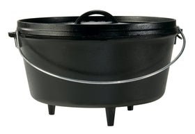 Lodge 8 Qt cast iron camp dutch oven with lid, durable dual handles for outdoor cooking.