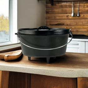 Lodge 8 Qt dutch oven with dual handles for easy transport and serving.