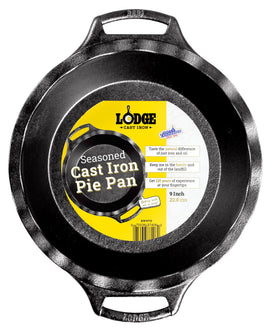 Lodge 9-inch cast iron pie pan top view showing even heat for flaky crust