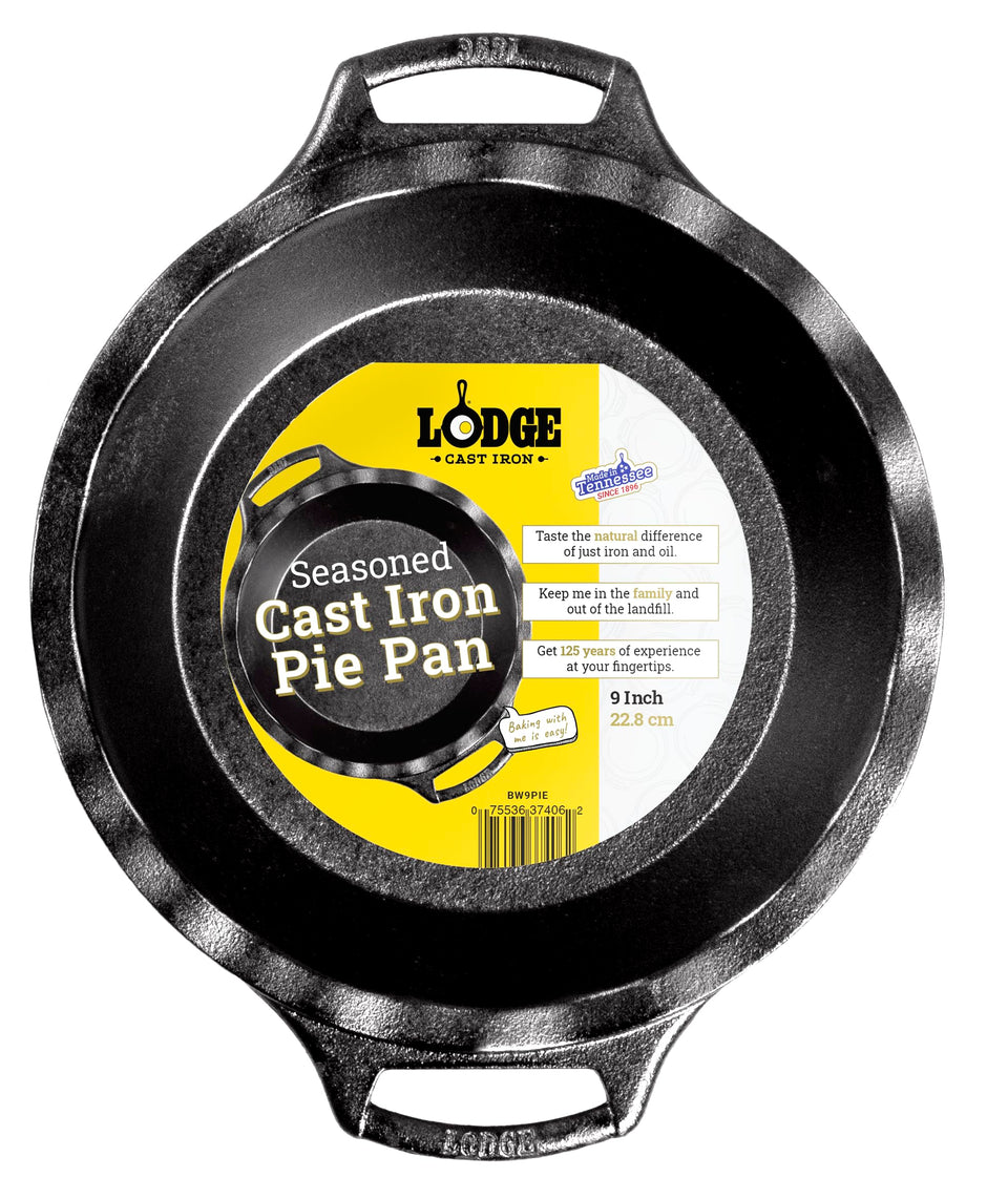 Lodge 9-inch cast iron pie pan top view showing even heat for flaky crust